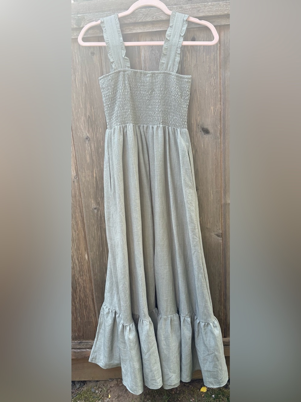 Listicle Smocked Sleeveless Long Dress Sage Green Size S Boho Ruffles Beach